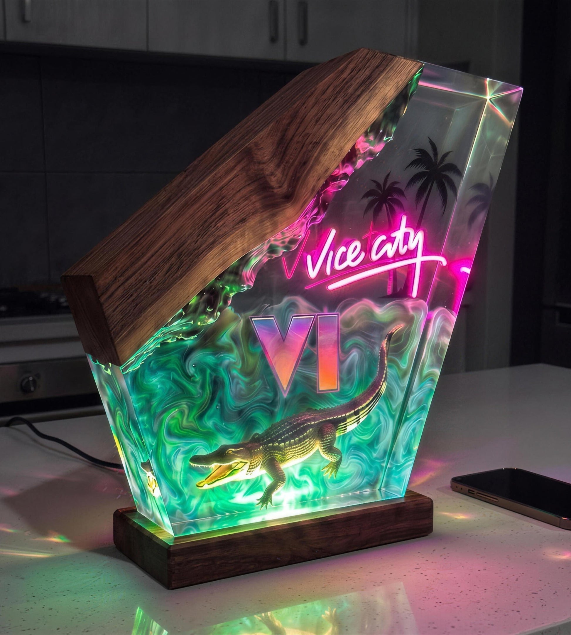 Vice Glow LED resin lamp, Gator Bay design, lit in a dark room