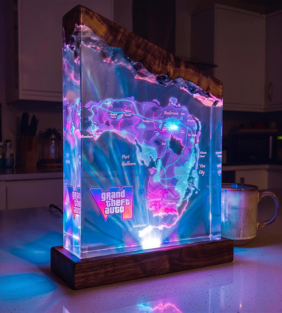 Vice Glow LED resin lamp, Neon Coast design, lit in a dark room