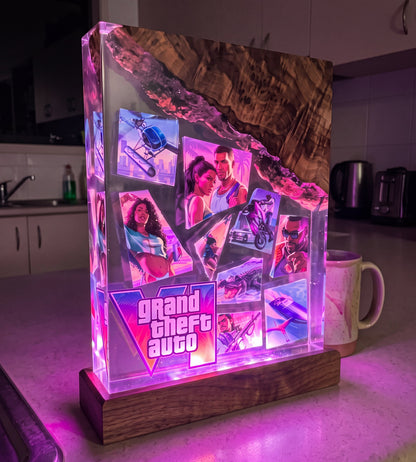 Vice Glow LED resin lamp, Cover Story design, lit in a dark room
